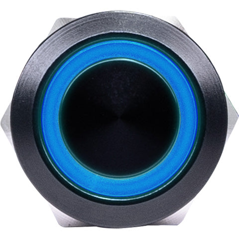 E-Stopp Black Billet Button with Blue LED - close up