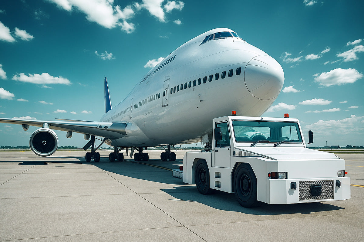 Ground hauler pulling a large commercial aircraft
