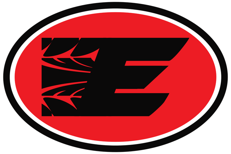 E-Stopp emblem logo. Black letter 'E' on a red oval background