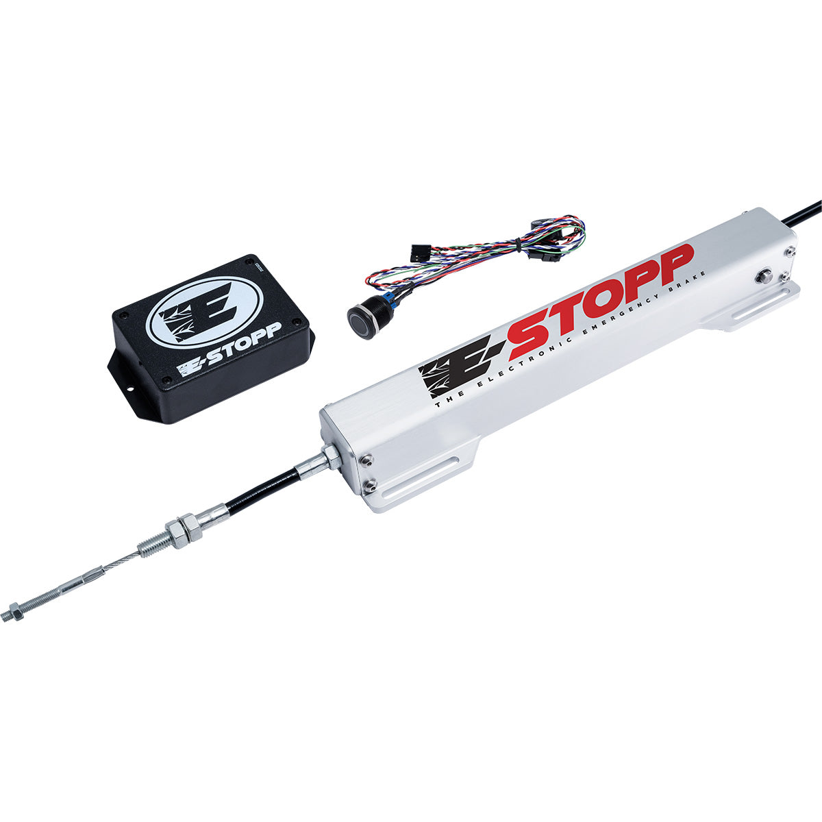 E-Stopp Universal Electronic E-Brake Kit with Silver Actuator and Black Billet Button with Blue LED
