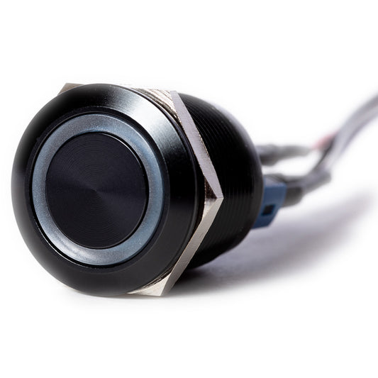 E-Stopp Black Billet Button with Blue LED - close up angle