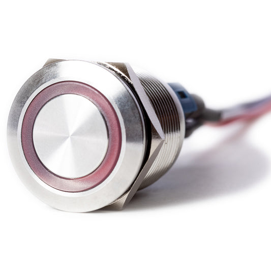E-Stopp Silver Billet Button with Red LED - close up angle