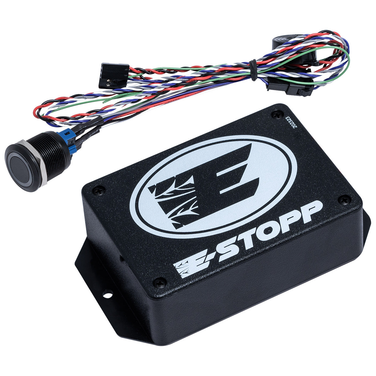 E-Stopp control module with black billet button and wiring harness on a white background