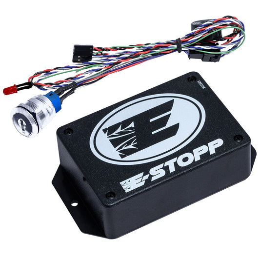 E-Stopp control module with key lock trigger and wiring harness on a white background