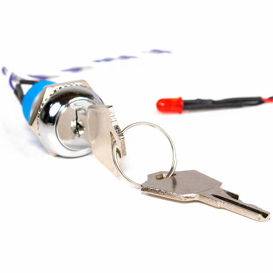 E-Stopp Key Lock Switch with Red LED and Wiring Harness - close up angle