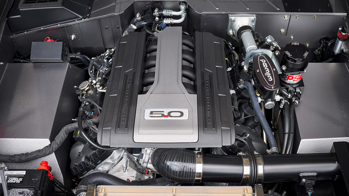 Engine compartment of the Highline Classics custom silver Bronco