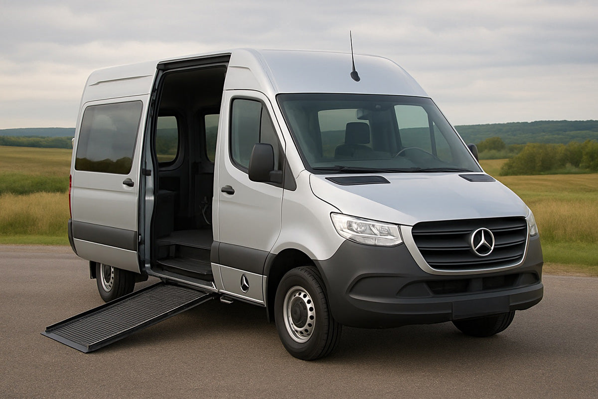 White Mercedes-Benz van with open doors and a wheelchair ramp on a road with a scenic background.
