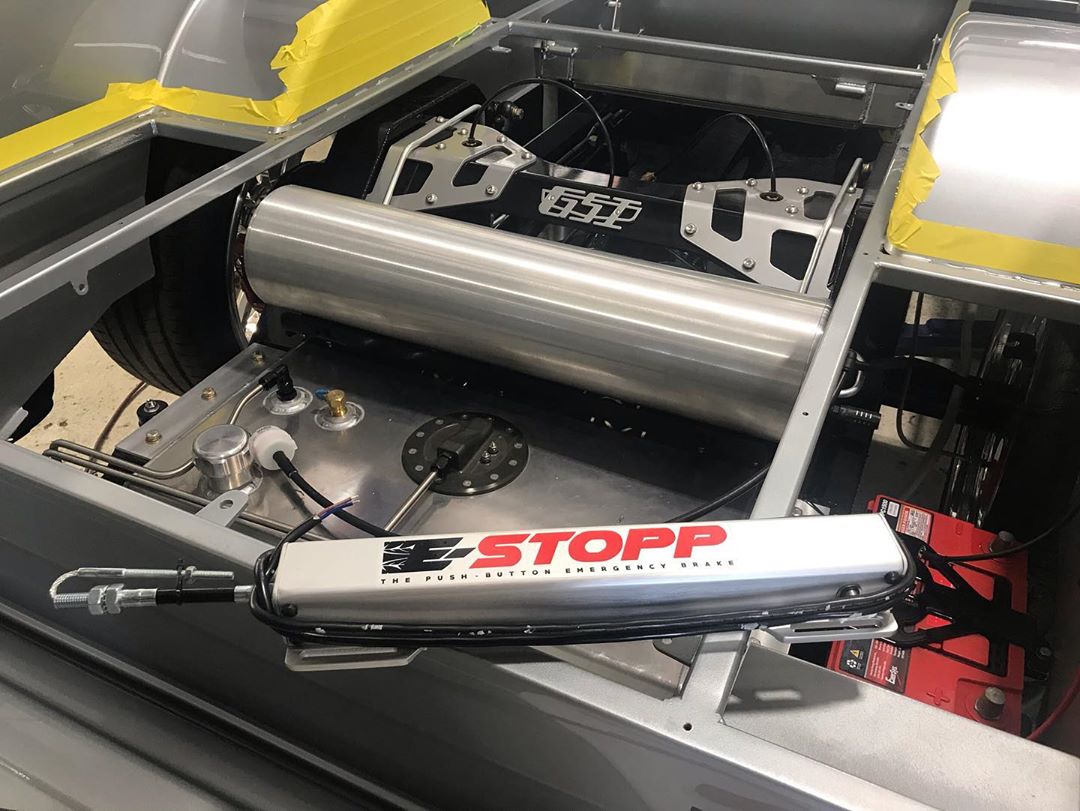 E-Stopp actuator sitting on the unfinished chassis of a vehicle built by Premier Street Rods